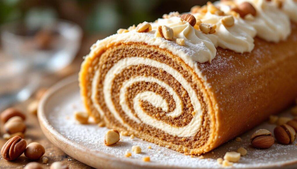 Ce roulé au praliné cache une crème mousseline irrésistible… et un croustillant de noisettes qui fait craquer