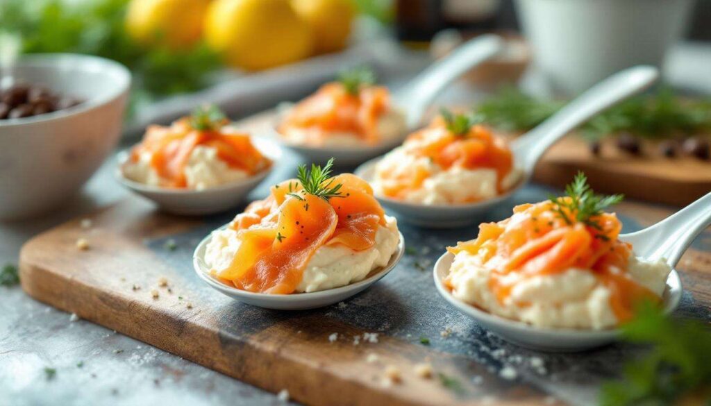 Cuillères apéritives saumon fumé et mousse ail & fines herbes : prêtes en 10 minutes