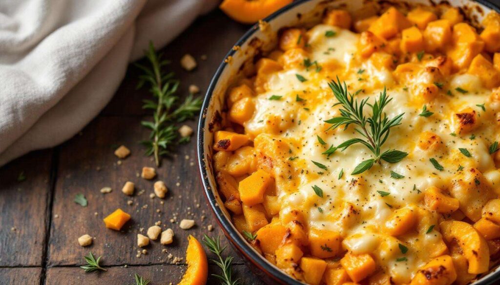 Gratin butternut-fromage frais au four : douceur fondante, herbes fraîches et crème pour réchauffer les soirs d’hiver