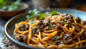 Pâtes au bœuf haché et sésame grillé