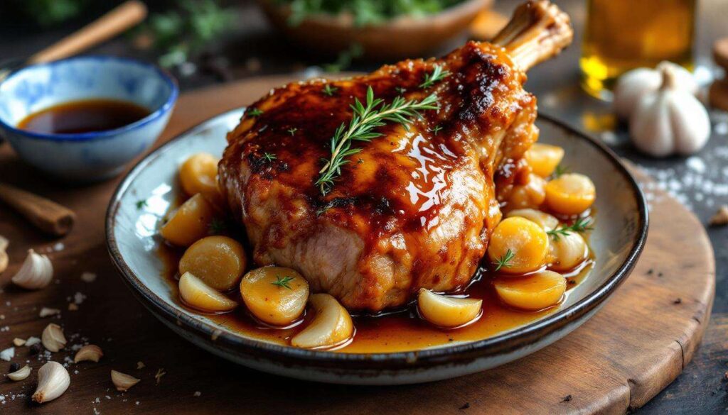 Rouelle de porc caramélisée au miel : cuisson lente au four, viande ultra fondante