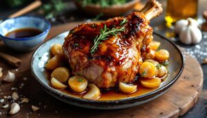 Rouelle de porc caramélisée au miel : cuisson lente au four, viande ultra fondante