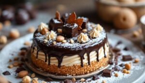 Royal chocolat (Trianon) maison : dacquoise noisette, praliné croustillant et glaçage miroir